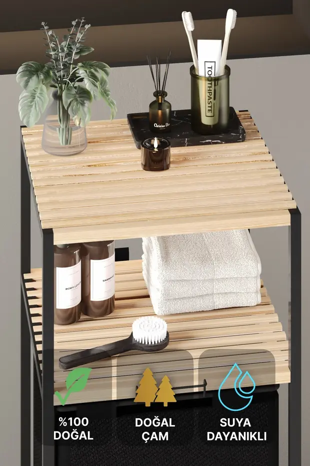 Ahşap Gövdeli 2 Katlı Kirli Çamaşır Sepeti